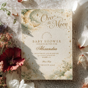 Invitation Sage Gold pour la Baby Shower Over the Moon
