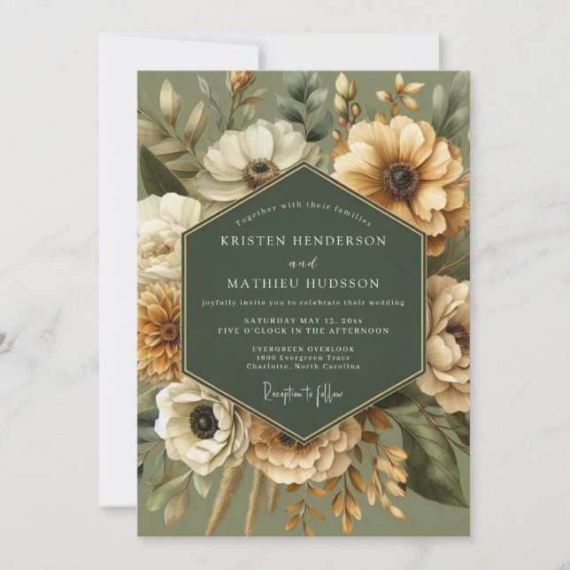 Invitation Sage Golden Vintage Bloom Wedding (Devant)