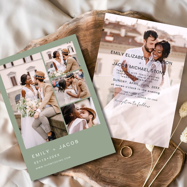 Invitation Sage Green 5 Photo Moderne Mariage élégant (Créateur téléchargé)