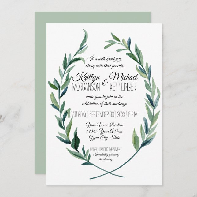 Invitation Sage Green 5X7 Laurel Wreath Olive Leaf (Devant / Derrière)