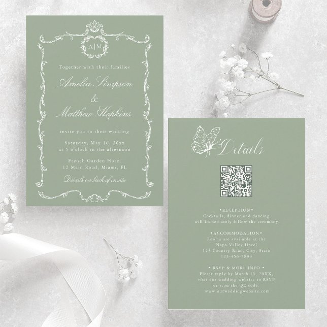 Invitation Sage Green All in One Modern Classic Wedding  (Front & Back)
