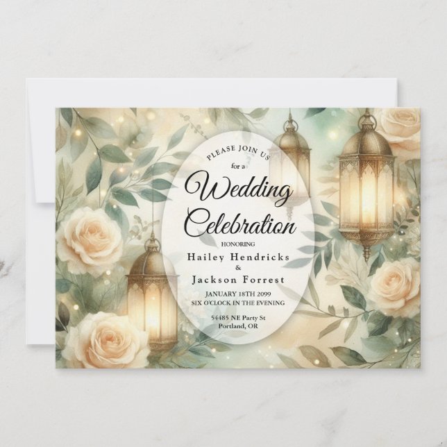 Invitation Sage Green and Ivory Rose Lantern Wedding  (Devant)
