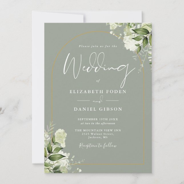 Invitation Sage Green Arc Floral or Mariage Monogramme (Devant)
