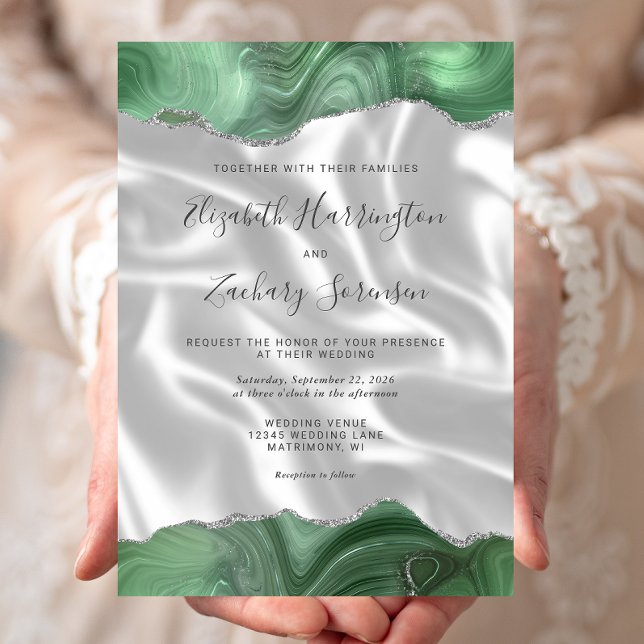 Invitation Sage Green Argent Agate Mariage de soie blanche (Créateur téléchargé)