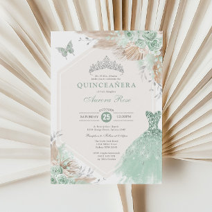 Invitation Sage Green Argent Quinceañera Boho Floral Annivers