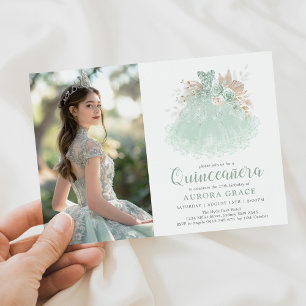 Invitation Sage Green Argent Quinceañera Princesse Robe Photo