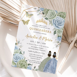 Invitation Sage Green Baby Blue Floral Twins Gold Quinceañera