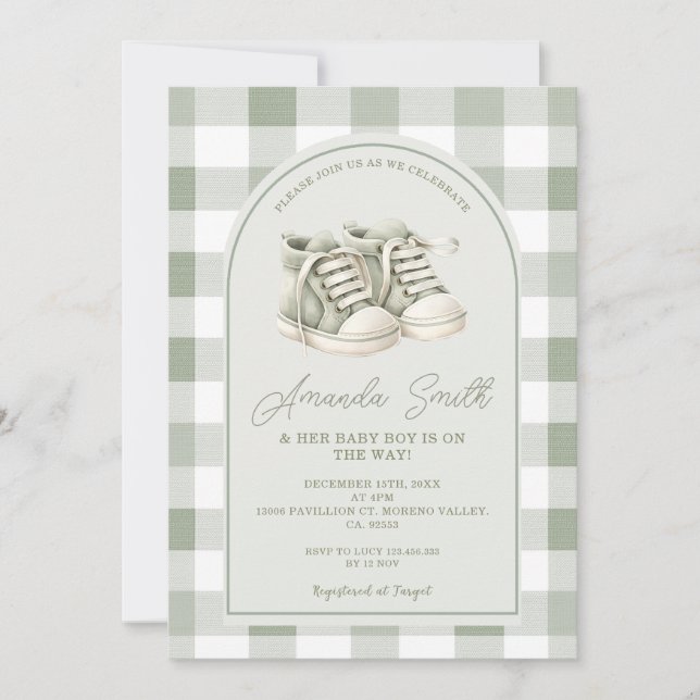 Invitation Sage Green Baby Shoes Gingham Boy Baby Shower (Devant)