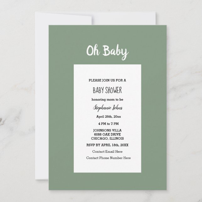 Invitation Sage Green Baby shower QR Code Simple Minimal (Devant)