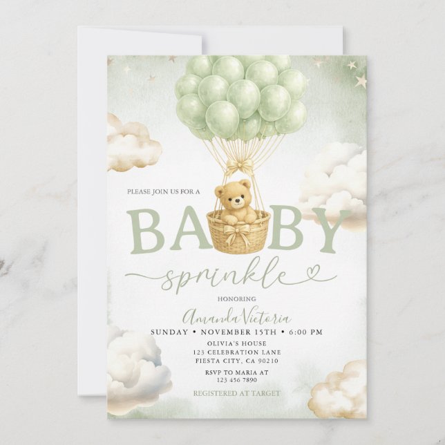 Invitation Sage Green Bear Cloud Balloon Baby Shower (Devant)