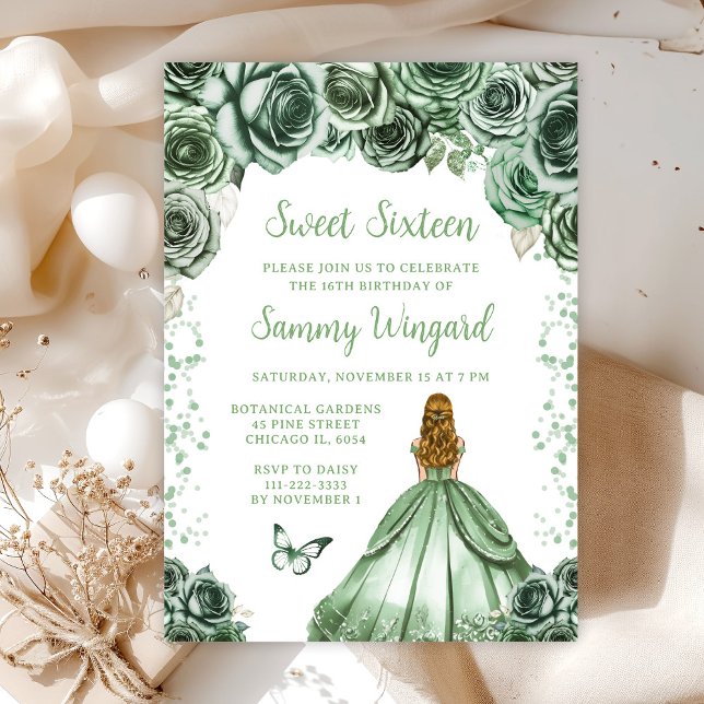 Invitation Sage Green Blonde cheveux Princesse Sweet sixteen (Créateur téléchargé)