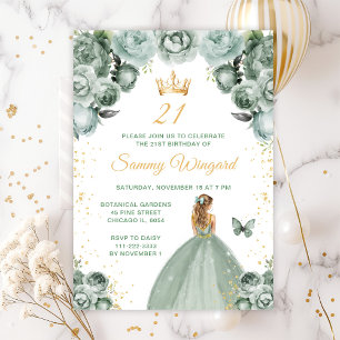 Invitation Sage Green Blonde Coiffure Princesse Anniversaire