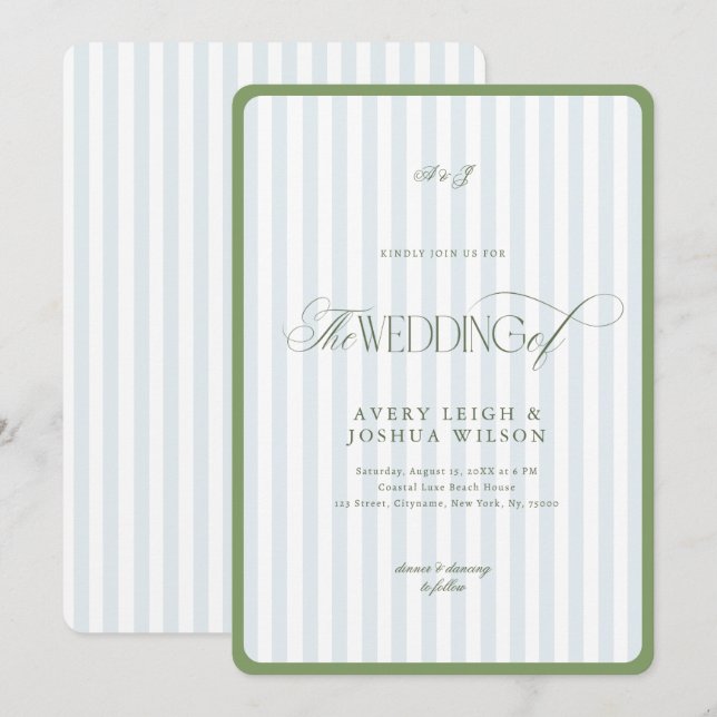Invitation Sage Green & Blue Border Coastal Stripes Wedding (Devant / Derrière)