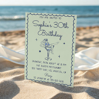 Invitation Sage Green & Blue Martini Glass 30th Birthday