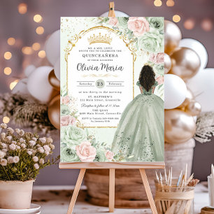 Invitation Sage Green Blush Floral Brown fille Quinceañera