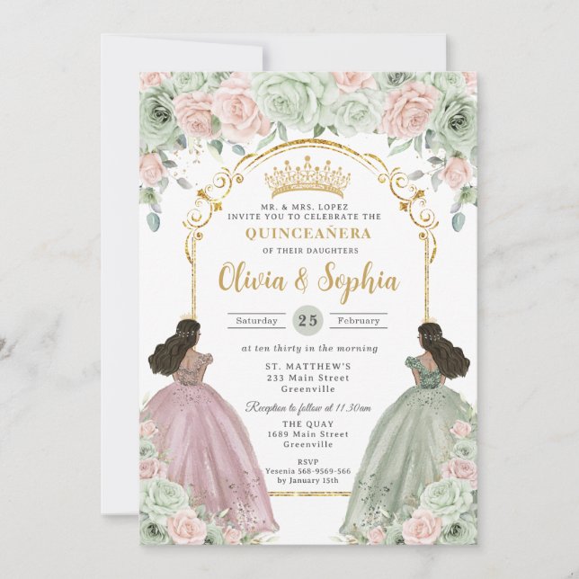Invitation Sage Green Blush Floral Brown Twins Quinceañera  (Devant)