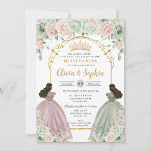 Invitation Sage Green Blush Floral Brown Twins Quinceañera 