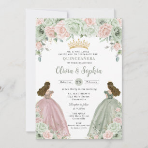 Invitation Sage Green Blush Floral Twin Girls Quinceañera