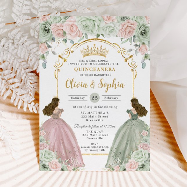 Invitation Sage Green Blush Floral Twins Gold Quinceañera (Créateur téléchargé)