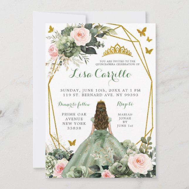 Invitation Sage Green Blush Papillon rose fille Quinceañera (Devant)