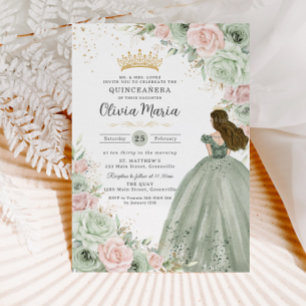 Invitation Sage Green Blush rose Floral Princess Quinceañera