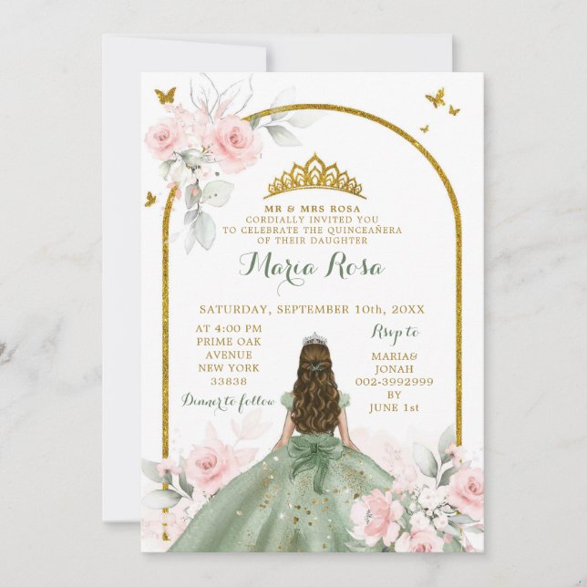 Invitation Sage Green Blush rose Princesse Quinceañera Floral (Devant)