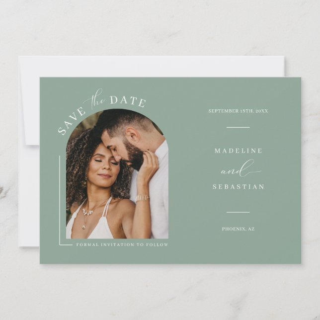 Invitation Sage Green Boho Arch Photo QR Code Enregistrer la  (Devant)