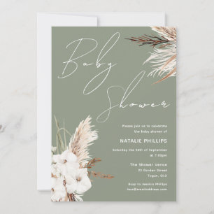 Invitation Sage Green Boho Blanc Floral Baby shower moderne