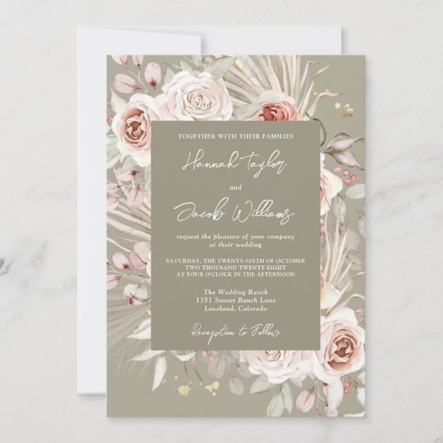 Invitation Sage Green Boho Chic Rustic Floral Mariage (Devant)