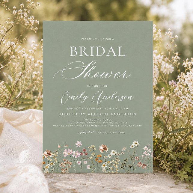 Invitation Sage Green Boho Fête de Mariage aux Fleurs Sauvage (Créateur téléchargé)