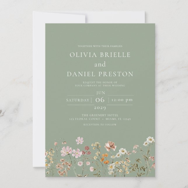 Invitation Sage Green Boho Fleur sauvage Jardin Mariage (Devant)