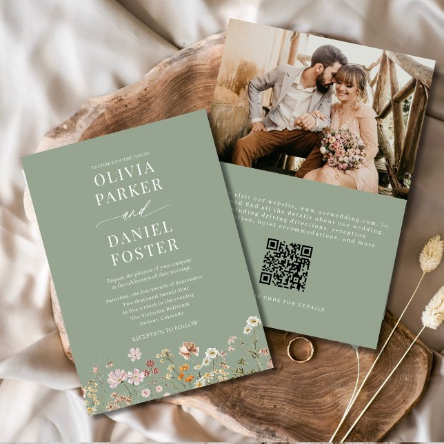 Invitation Sage Green Boho Fleur sauvage QR Code Mariage phot (Créateur téléchargé)