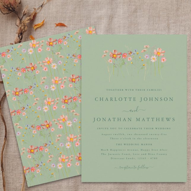 Invitation Sage Green Boho Rustique Fleur sauvage Jardin Mari (Boho fall Wildflower sage green floral Wedding invitation Watercolor flowers elegant modern design)