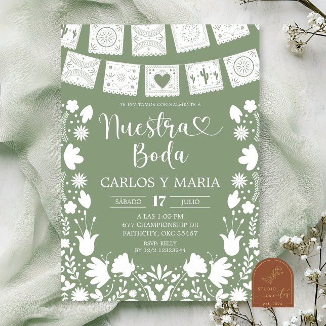 Invitation Sage Green Boho Talavera Mexican Nuestra Boda (Créateur téléchargé)