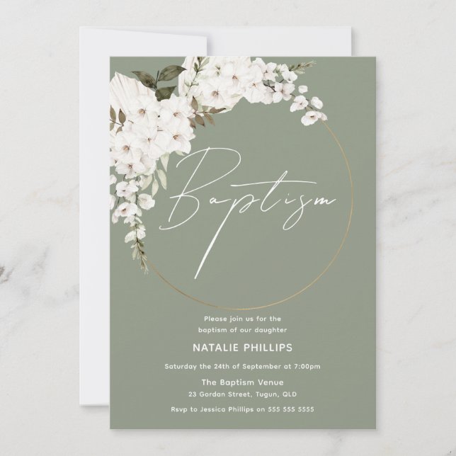 Invitation Sage Green Boho White Wreath Boy or Girl Baptism (Devant)