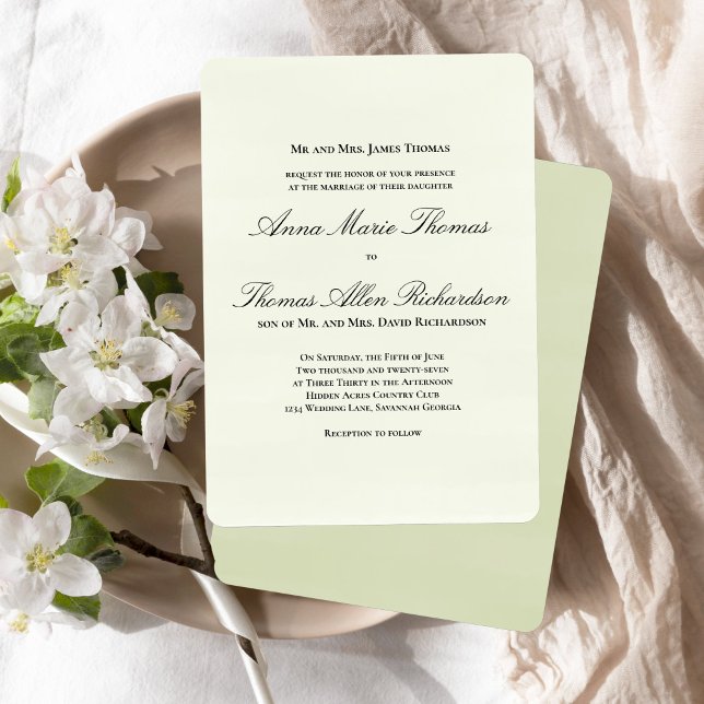 Invitation Sage Green Botanical Classic Formal Script Wedding (Classic formal sage green invitation with elegant script and timeless layout.)