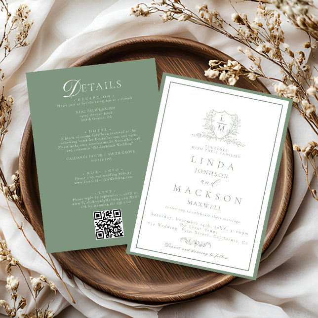 Invitation Sage Green botanical crest All in one wedding  (Créateur téléchargé)