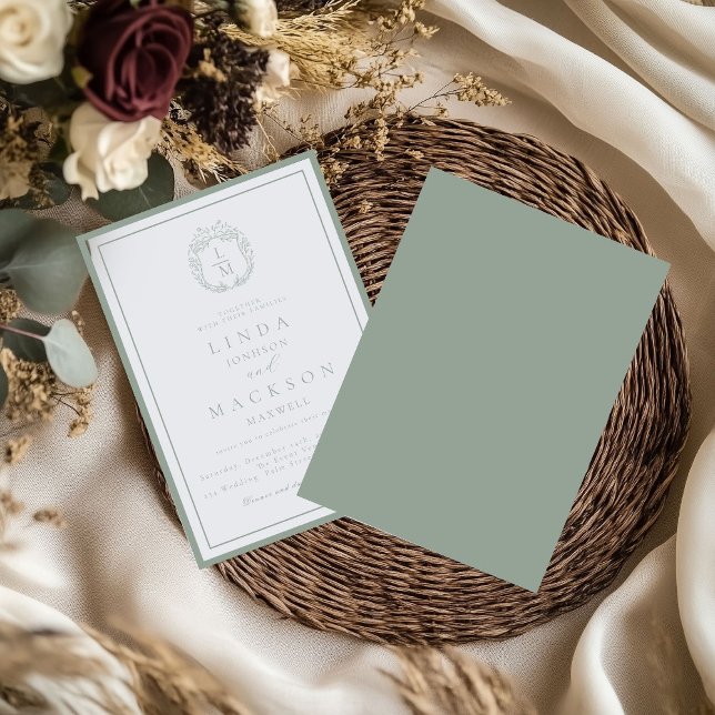 Invitation Sage Green botanical crest monogram wedding (Créateur téléchargé)