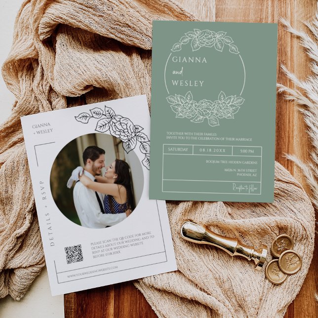 Invitation Sage Green Botanical Line Art Boho QR Code Photo (Créateur téléchargé)