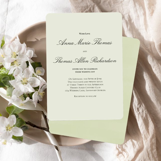 Invitation Sage Green Botanical Modern Script Wedding (Elegant sage green script invitation with soft, romantic minimalist design.)