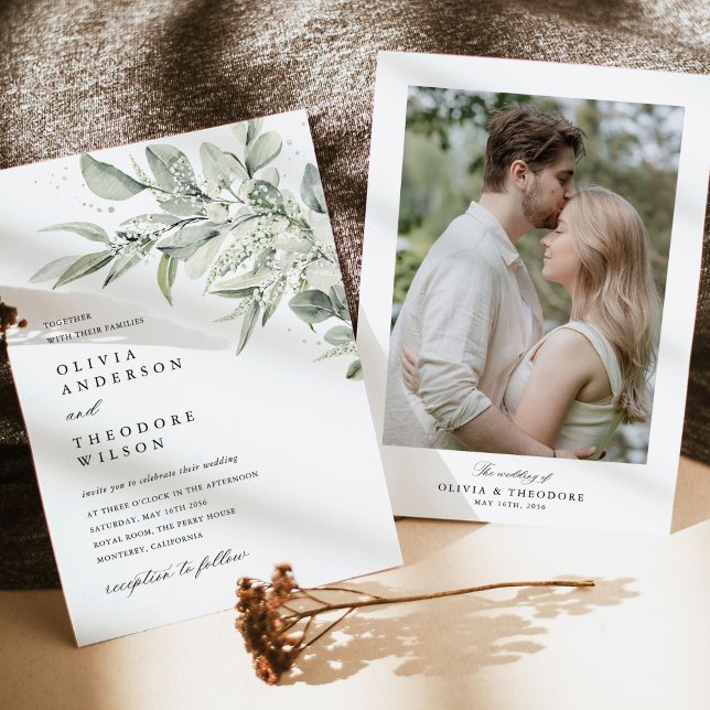 Invitation Sage Green Botanical Photo Back Wedding (Sage green botanical photo back wedding invitation, watercolor greenery, elegant wedding stationery)