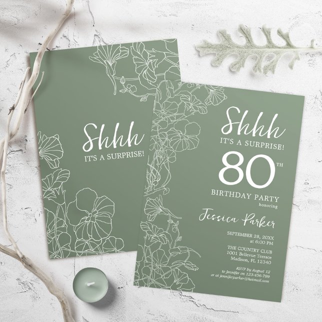 Invitation Sage Green Botanical Surprise 80e anniversaire (Créateur téléchargé)