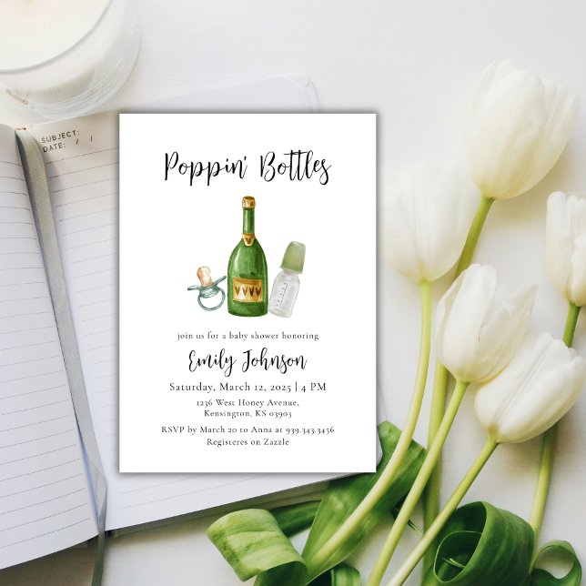 Invitation Sage Green Bouteilles Poppin Champagne Baby shower (Sage Green Poppin Bottles Champagne Baby Shower Invitation)