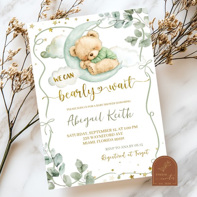 Invitation Sage Green Bow Coquette On attend à peine bébé sho (Créateur téléchargé)