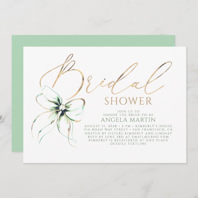 Invitation Sage Green Bow Elegant Romantic Bridal Shower (Devant / Derrière)