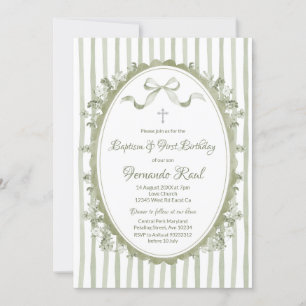 Invitation Sage Green Bow Ribbon Oval Frame Baptême Neutre