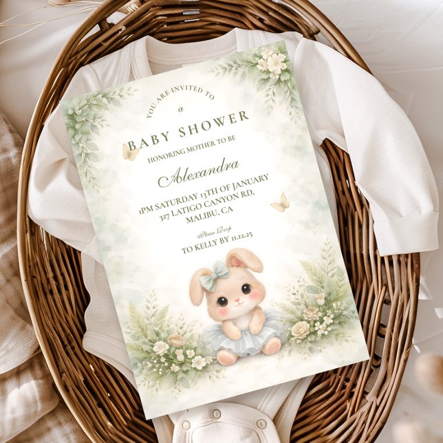 Invitation Sage Green Bunny Floral Baby Shower (Créateur téléchargé)