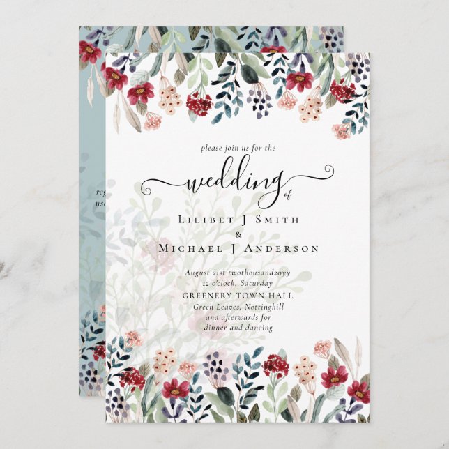 Invitation Sage Green Burgundy Blue Floral Mariage (Devant / Derrière)