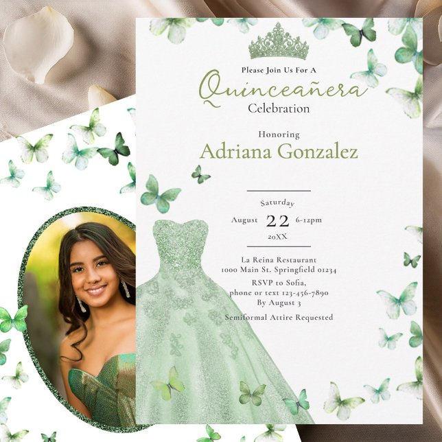 Invitation Sage Green Butterflies Dress Tiara Quinceanera (Créateur téléchargé)