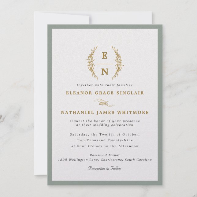 Invitation Sage Green & Champagne Gold Monogramme Mariage (Devant)
